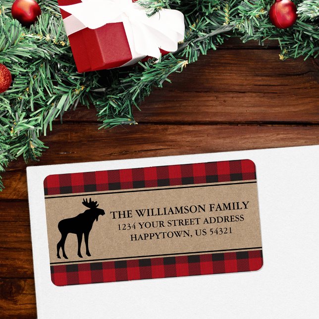 Red Plaid Moose Kraft Return Address Labels (Customize to change text size or text style.)