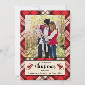 Red Plaid & Moose Rustic Christmas Photo Card by LangDesignShop at Zazzle
