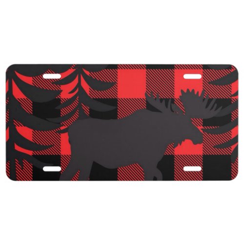 Red Plaid Moose Silhouette License Plate