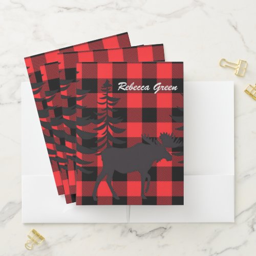 Red Plaid Moose Silhouette Pocket Folder