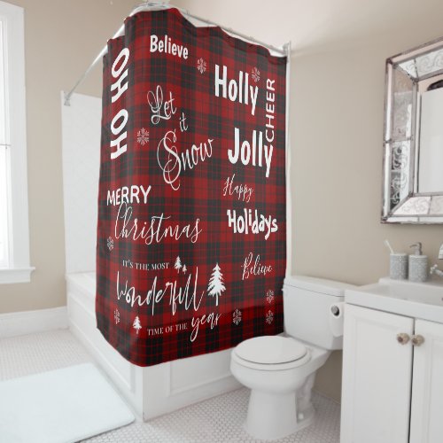 Red Plaid Most Wonderful Time Christmas Decor Shower Curtain