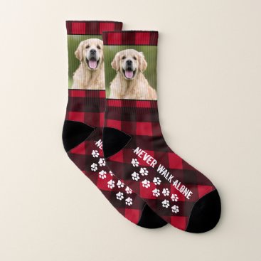 Red Plaid Never Walk Alone Custom Dog Pet Photo Socks