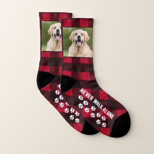 Red Plaid Never Walk Alone Custom Pet Photo Dog Socks