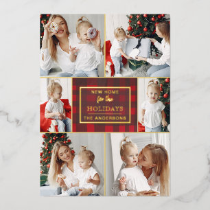 Red Plaid New Home for Holidays Photo Foil Holiday Card
