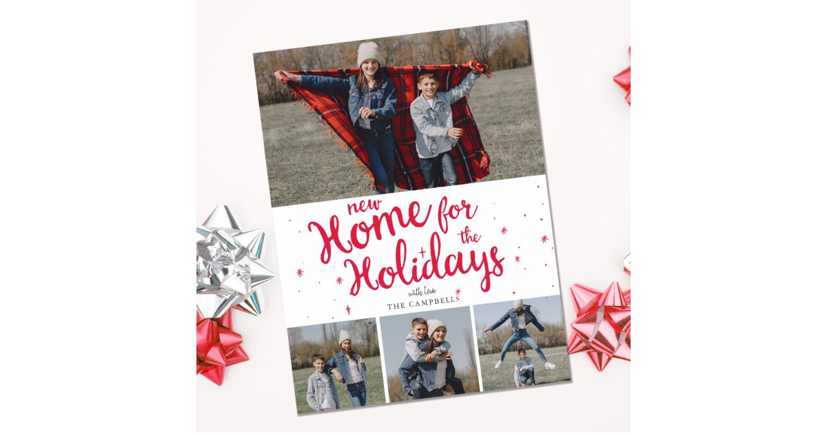 Red Plaid New Home for Holidays Photo Moving Holiday Card | Zazzle