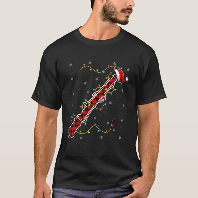 Red Plaid Oboe Christmas Lights Pajama Matching T-Shirt (Front)
