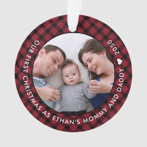 Red Plaid Our First Christmas as Mom and Dad Photo Ornament