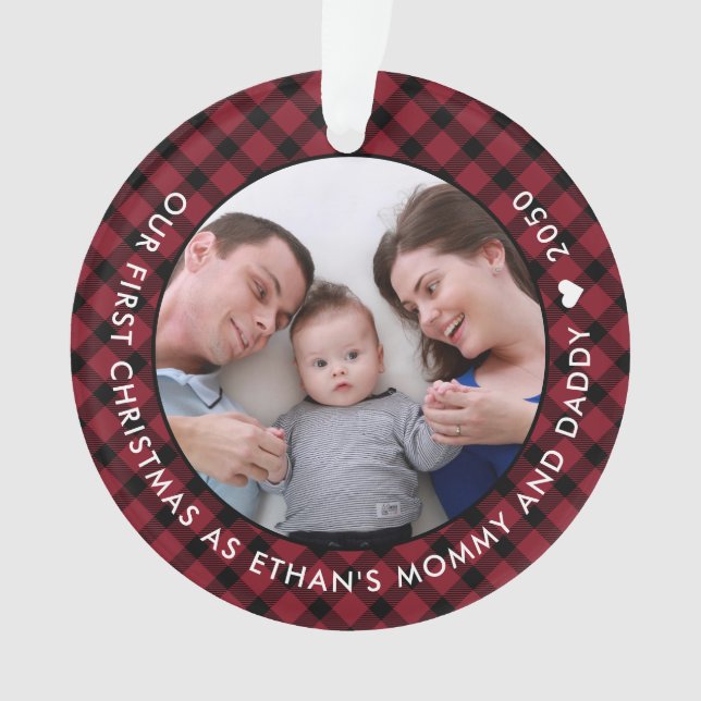 Red Plaid Our First Christmas as Mom and Dad Photo Ornament (Front)