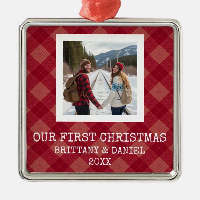 Red Plaid Our First Christmas Metal Ornament (Front)
