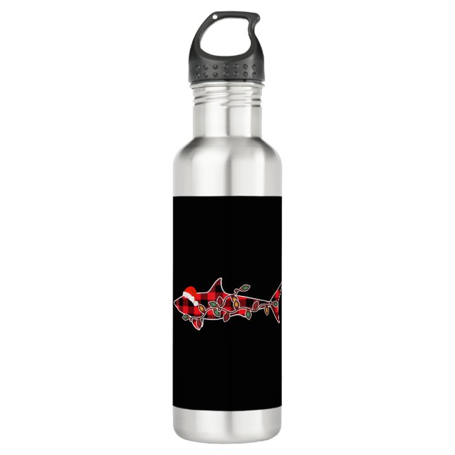 Red Plaid Pajama Shark Santa Hat Christmas Light Stainless Steel Water Bottle (Front)