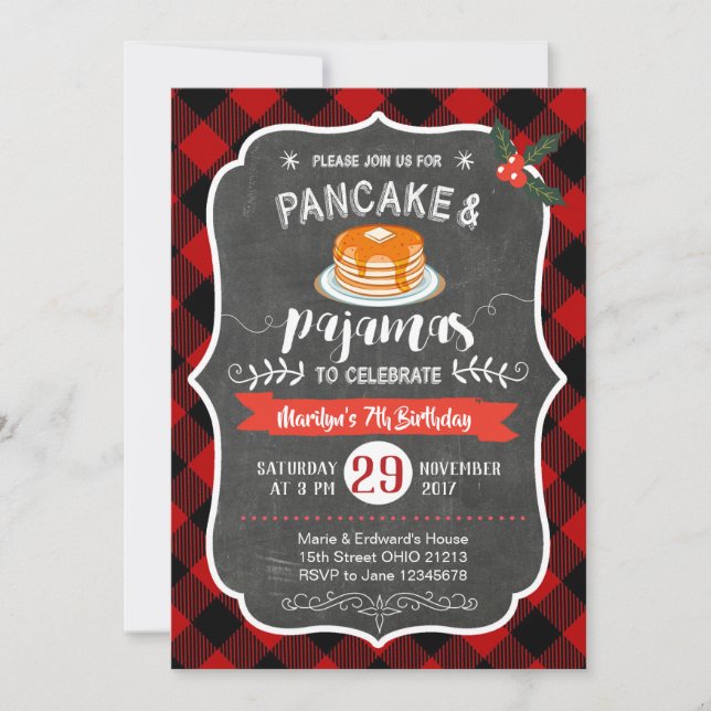 Red Plaid Pancake and Pajamas Birthday Invitation (Front)