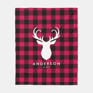 Red Plaid Pattern and Deer Christmas Fleece Blanket
