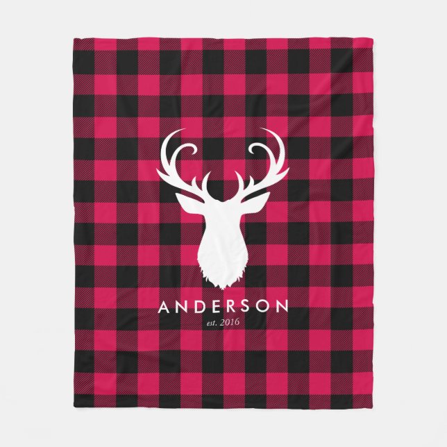 Red Plaid Pattern and Deer Christmas Fleece Blanket (Front)