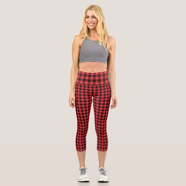 Red Plaid Pattern Capri Leggings (Front)