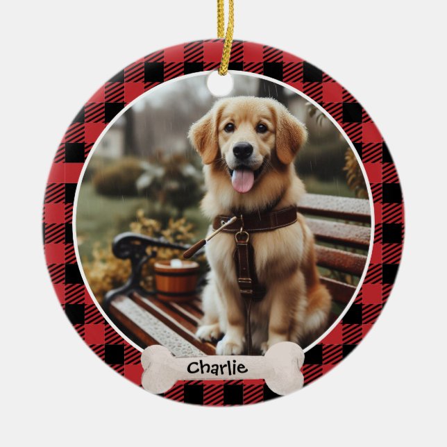 Red Plaid Pattern Custom Name And Cute Pet Photo Ceramic Ornament (Front)