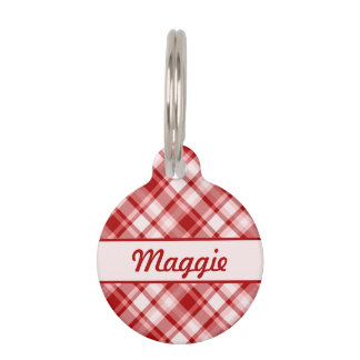 Red Plaid Pattern &amp; Custom Pet Name And Number ID Tag