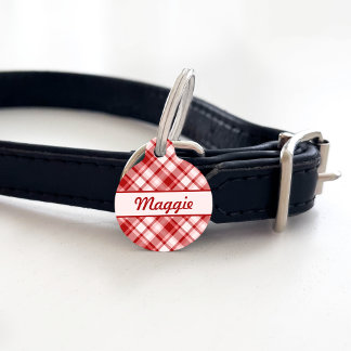 Red Plaid Pattern &amp; Custom Pet Name And Number ID Tag