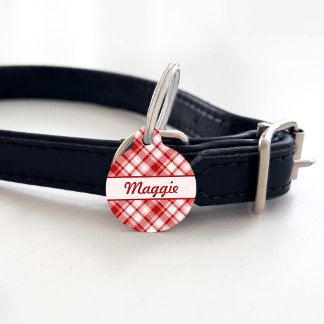 Red Plaid Pattern &amp; Custom Pet Name And Number Pet ID Tag