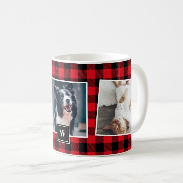 Red Plaid Pattern Photo Collage Monogram Mug (Front Right)
