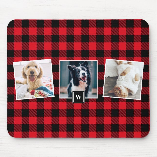 Red Plaid Pattern Three Photo Collage Monogram Mouse Pad (Front)
