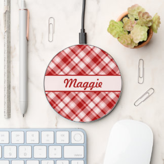 Red Plaid Pattern With Custom Name Wireless Charger