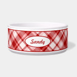 Red Plaid Pattern With Custom Pet Name Bowl<br><div class="desc">Lovely plaid pattern in red color scheme. There is also an oval shape banner that has a personalizable text area for the name of the pet. The font is a nice script font in red color.</div>