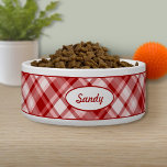 Red Plaid Pattern With Custom Pet Name Bowl<br><div class="desc">Lovely plaid pattern in red color scheme. There is also an oval shape banner that has a personalizable text area for the name of the pet. The font is a nice script font in red color.</div>
