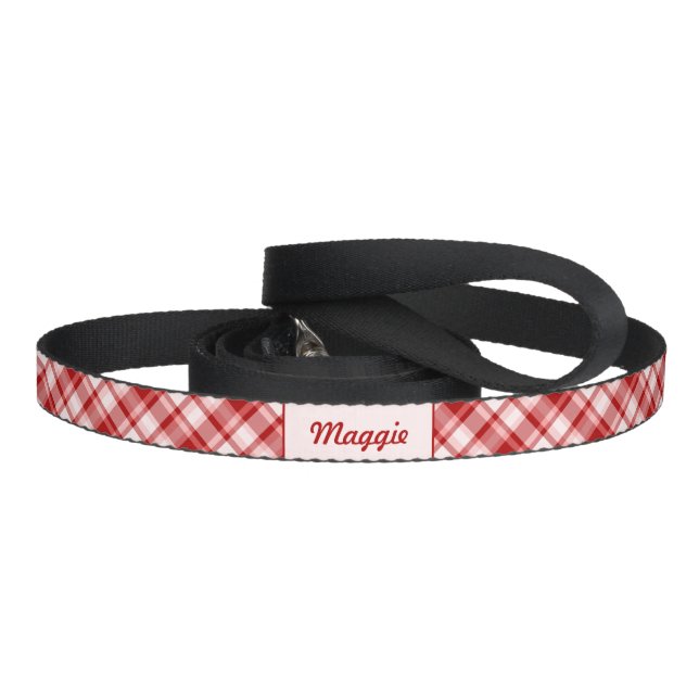 Red Plaid Pattern With Custom Pet Name Pet Leash (Handle)