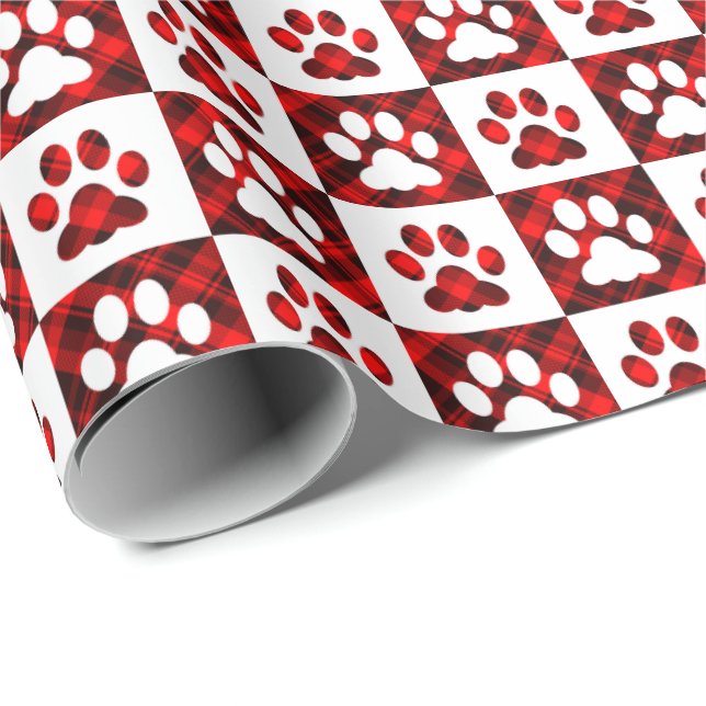Red Plaid Paw Print Checkered Pattern Wrapping Paper (Roll Corner)