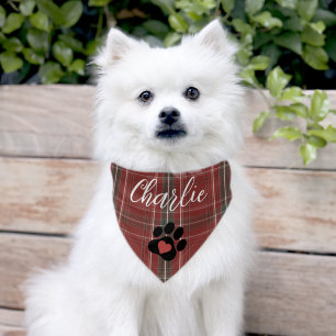 Red Plaid Paw Print Heart Name Pet Bandana Collar