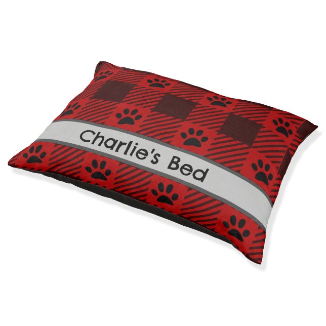 Red Plaid Paw Print Personalized Dog Bed (Angled)
