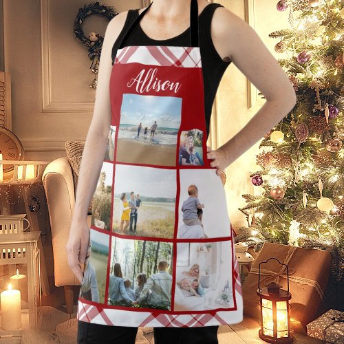 Red Plaid Personalized Family Photo Collage Name Apron