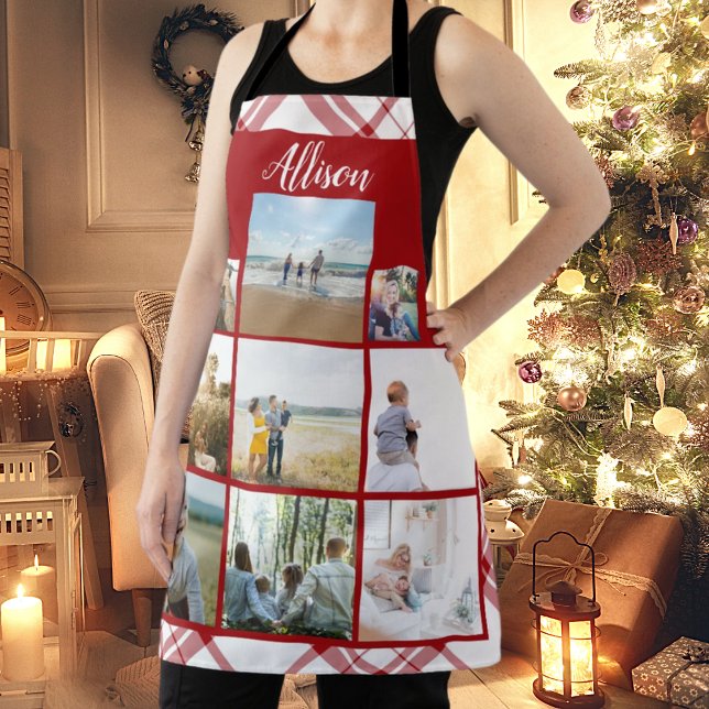Red Plaid Personalized Family Photo Collage Name Apron (Creator Uploaded)