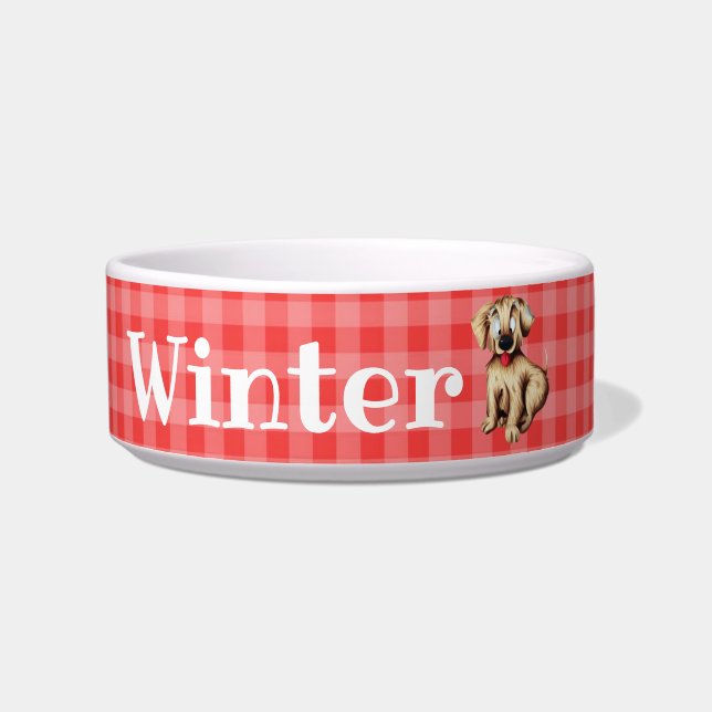 Red Plaid Personalized Illustrated Dog Bowl (Front)