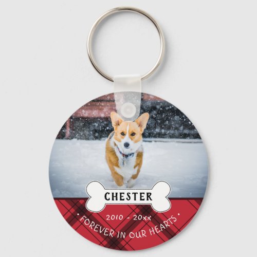 Red Plaid Pet Name  Photo Forever In Our Hearts Keychain