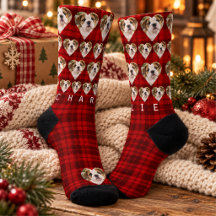 Red Plaid Pet Photo Name Christmas