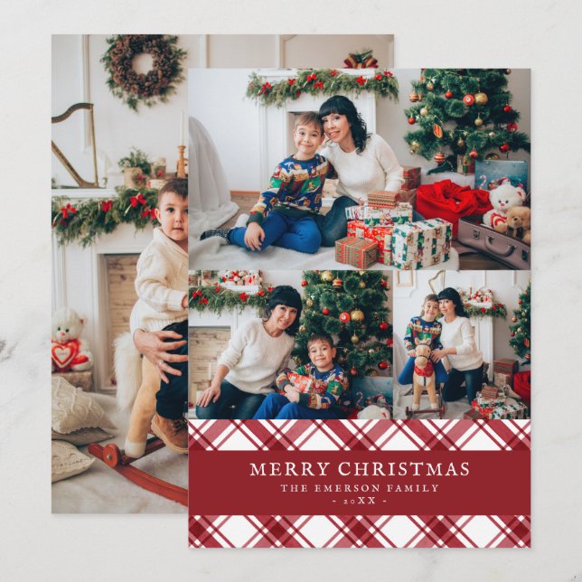 Red Plaid Photo Christmas Holiday Card (Front/Back)