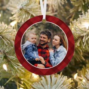 Red Plaid Photo Christmas Metal Ornament