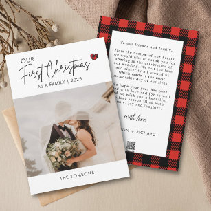 Red Plaid Photo Christmas Script Wedding Thank you Holiday Card
