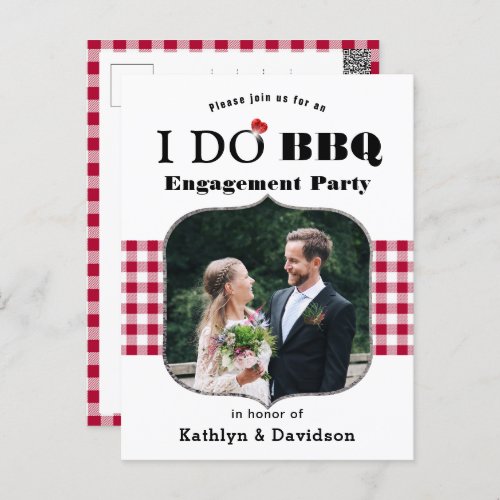 Red Plaid Photo I DO Engagement Party Invitation Postcard