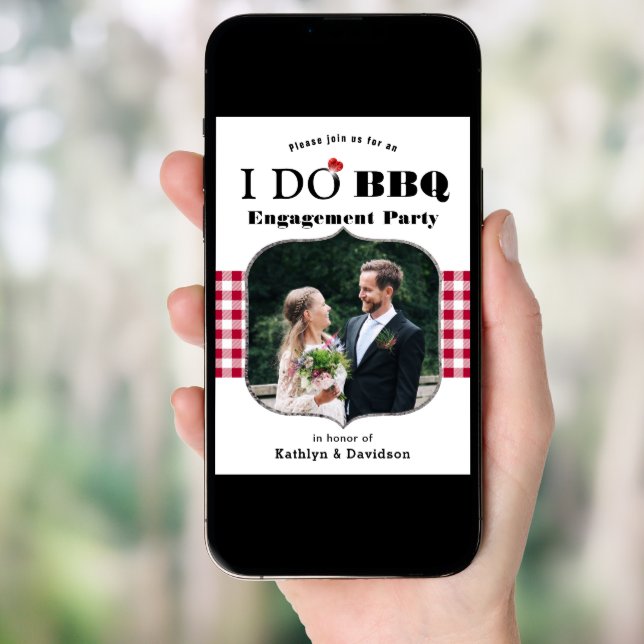 Red Plaid Photo I DO Engagement Simple BBQ Party Invitation (Front Digital)