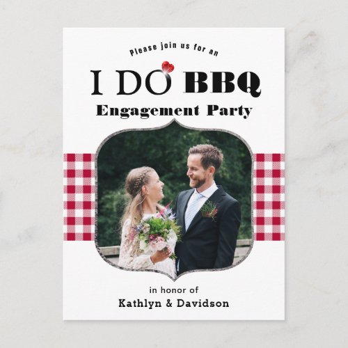 Red Plaid Photo I DO Engagement Simple BBQ Party Invitation Postcard