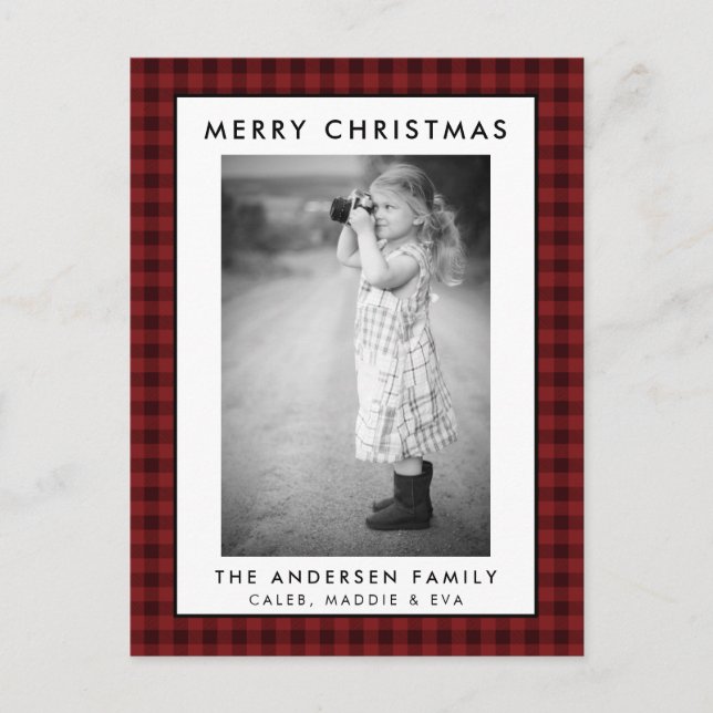 Red Plaid Photo Merry Christmas Card  (Front)