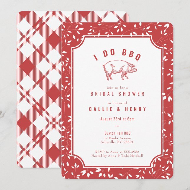 Red plaid pig I DO BBQ Bridal Shower Invitation (Front/Back)