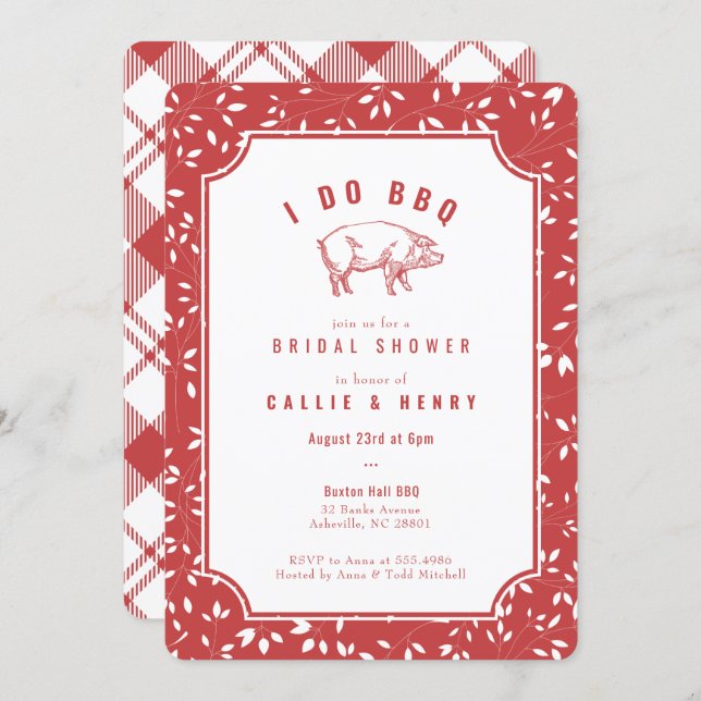 Red plaid pig I DO BBQ Bridal Shower Invitation (Front/Back)