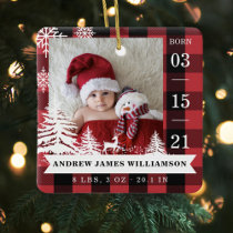 Red Plaid Pine Tree Baby Birth Stats & Photos Ceramic Ornament