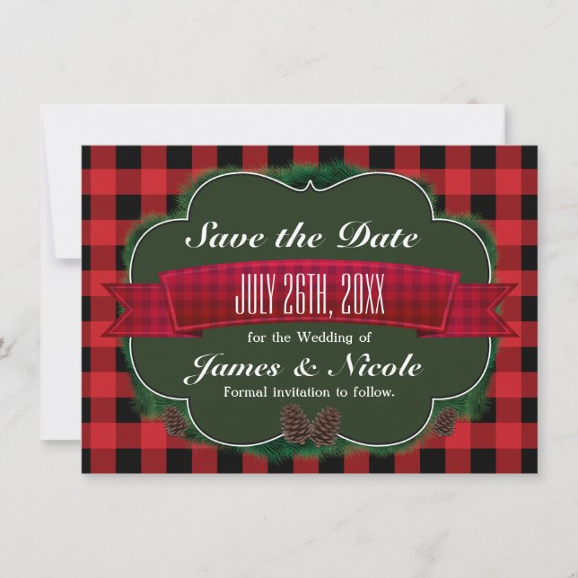 Red Plaid & Pinecones Rustic Country Invitation (Front)