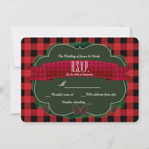 Red Plaid  Pinecones Rustic Country RSVP Card