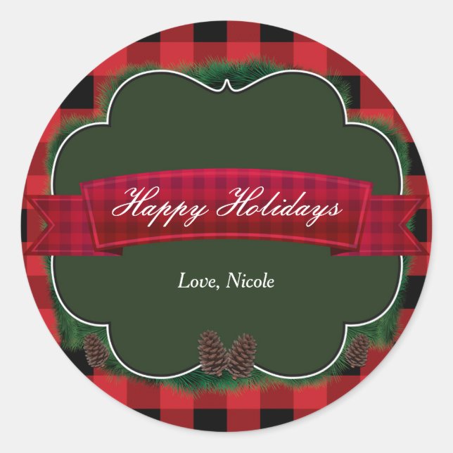 Red Plaid & Pinecones Rustic Holiday Favor Sticker (Front)