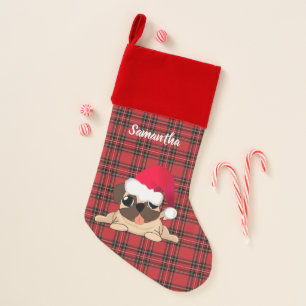 Red Plaid Pug Velvet Lined Christmas Stocking